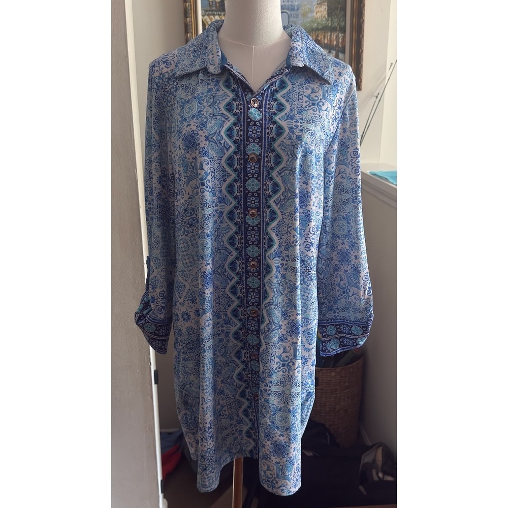 Aqua et Sol Blue Tile Print Tunic‎ Shirt Dress L Roll Tab Sleeve Travel Cover Up